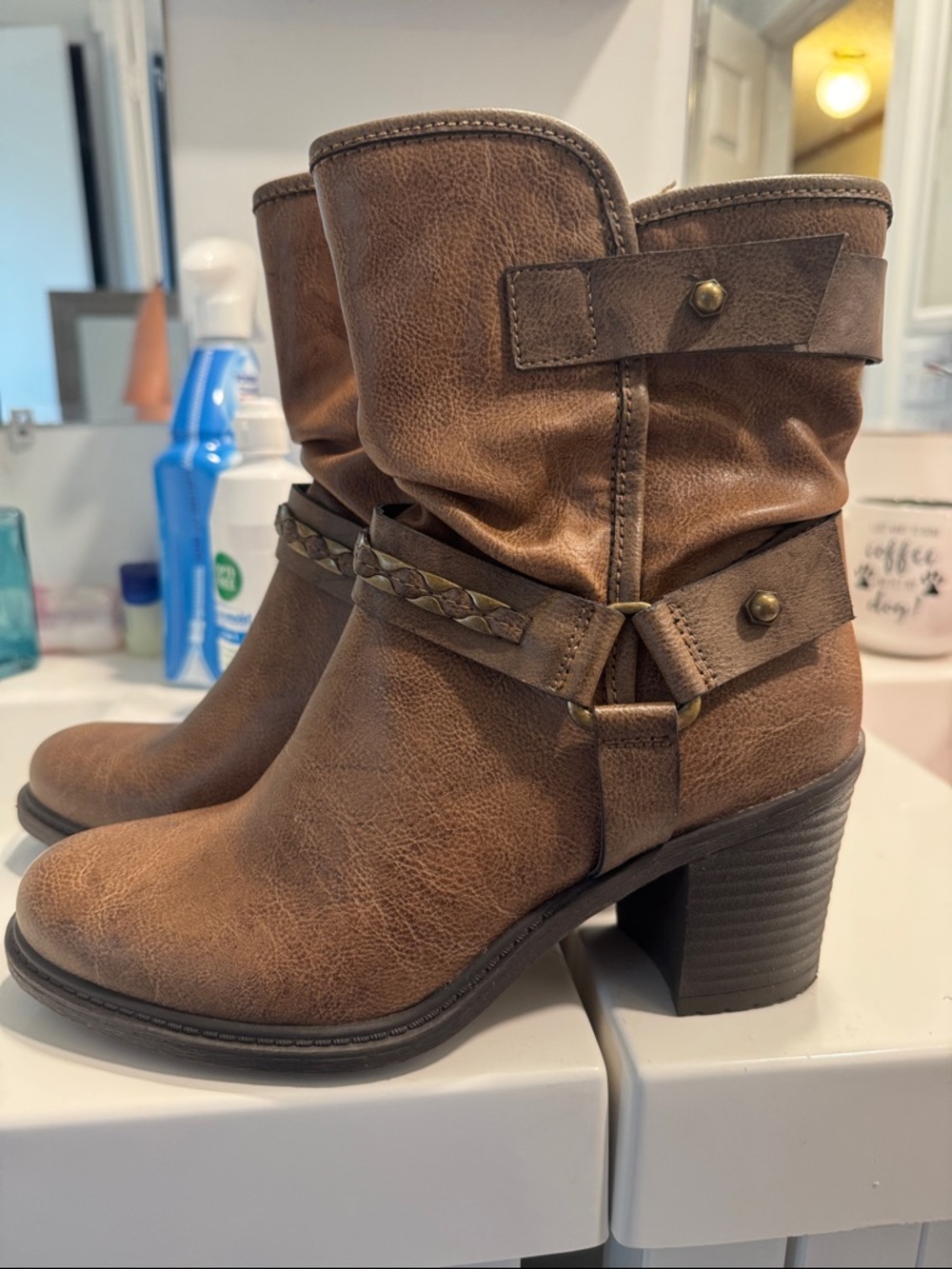 Relativity Brown Braided Strap Mid-Calf Block Heel Boots